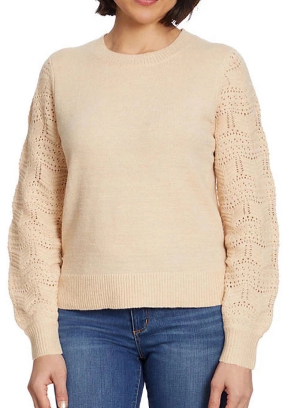 CHRISTIAN SIRIANO Women's Cream Eyelet Long Sleeve Ribbed Collar Sweater XXL